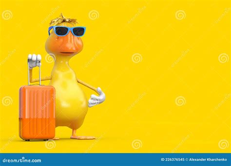 cute yellow cartoon duck person character mascot with orange travel suitcase 3d rendering stock