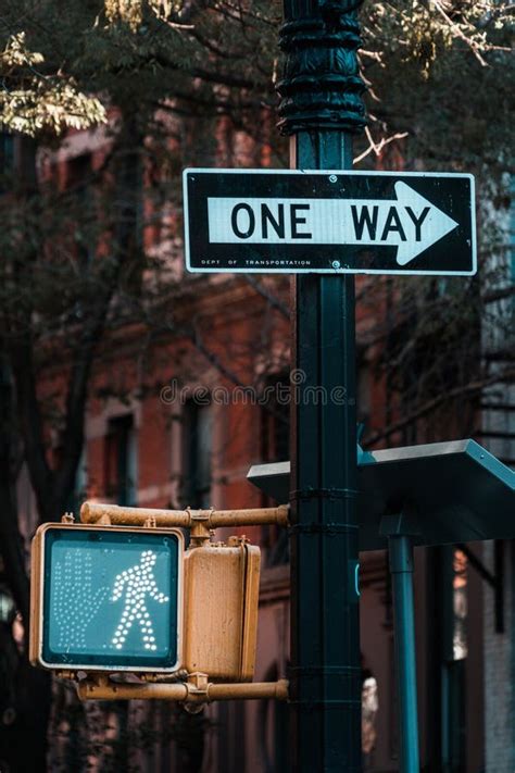 Pedestrian Traffic Light And One Way Signs In Manhattan New York