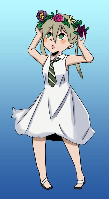 Safebooru 1girl Blush Colored Dress Flower Green Eyes Maka Albarn Necktie Sandals Soul Eater