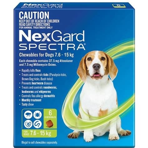 No restrictions on shampooing or swimming. NexGard Spectra Chewables for Dogs Green 7.6-15kg 6 Pack