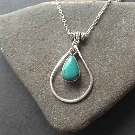 Sterling Silver Turquoise Teardrop Necklace Hammer Texture Etsy Denmark