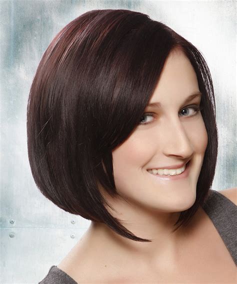 Medium Straight Layered Dark Plum Brunette Bob Haircut With Dark Red