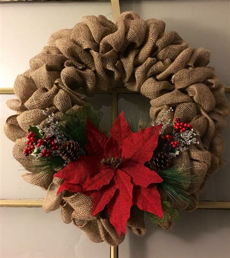 Burlap Christmas Wreath Burlap Poinsetta Evergreens Etsy Burlap