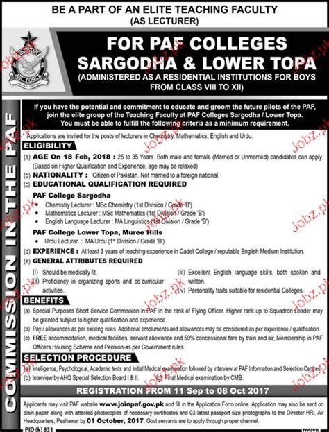Paf Colleges Sargodha And Lower Topa Teaching Jobs 2023 Job Advertisement