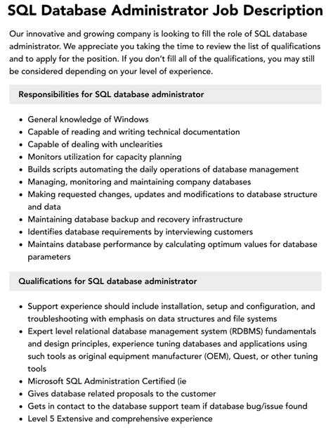 Sql Database Administrator Job Description Velvet Jobs