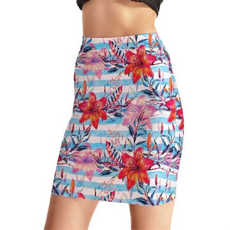 Skirts Womens Sexy Blue Striped Orange Lily Skirts Fashion Digital Print Package Hip Skirt