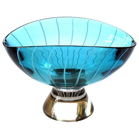 Large Scale Murano 1960s Teal Art Glass Bowl With White Swirl Decoration At 1stdibs