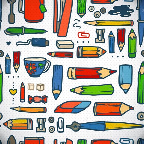 Hand Drawn Stationery Collection Vector Illustration Seamless Pattern