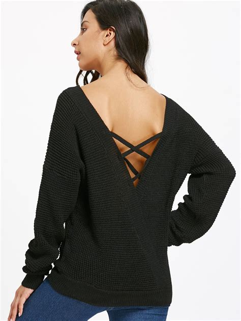 2018 Drop Shoulder Criss Cross Backless Jumper Sweater Black M In