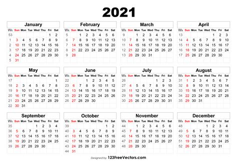 52 Week Calendar 2021 Calendar 2021