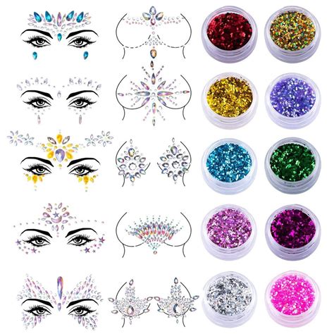 Siquk 10 Sets Face Jewels Body Gems Stickers Mermaid Face Body Jewels