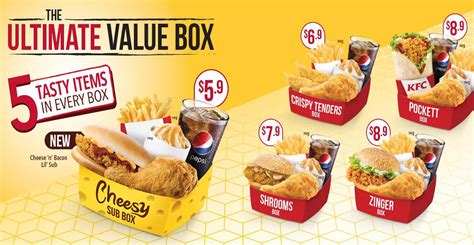 We included kfc breakfast menu price, kfc meal menu price, kfc catering menu price given below in the chart which you can consider before going to restaurant or order online. KFC: New Ultimate Value Boxes Priced fr $5.90 from 7 Sep 2016