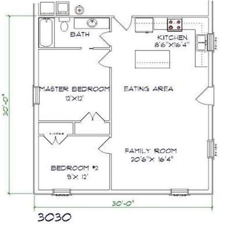 Brandominium Floor Plan 2 Bed 1 Bath 30x30 900 Sq Ft Barndominium