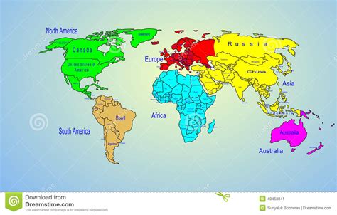 Nombre De Los Continentes Y De País Del Mapa De Color Del Mundo Stock