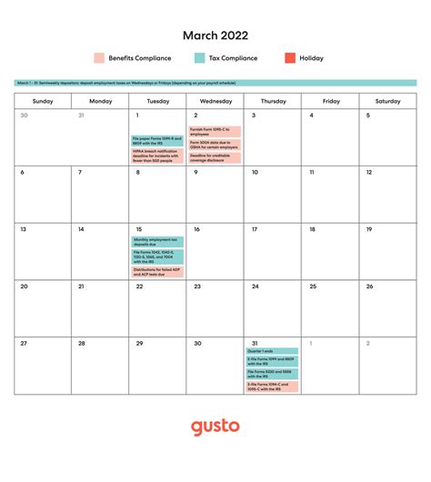 March 2022 Compliance Calendar Hr Benefits Payroll And Tax Deadlines