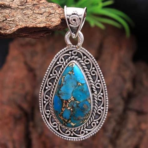 Blue Copper Turquoise Pear Shape Gemstone Pendant 925 Sterling Silver