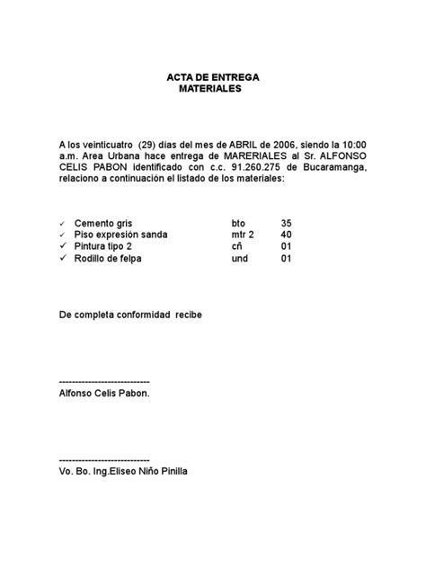 Acta De Entrega No 001