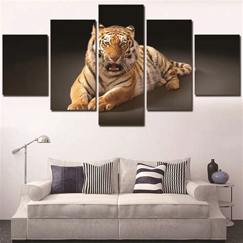 Living Room Hd Printed Modern On Canvas Wall Art 5 Panel Tiger Animal