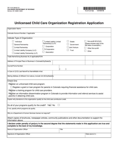 Fillable Form Dr 1318 Unlicensed Child Care Organization Registration