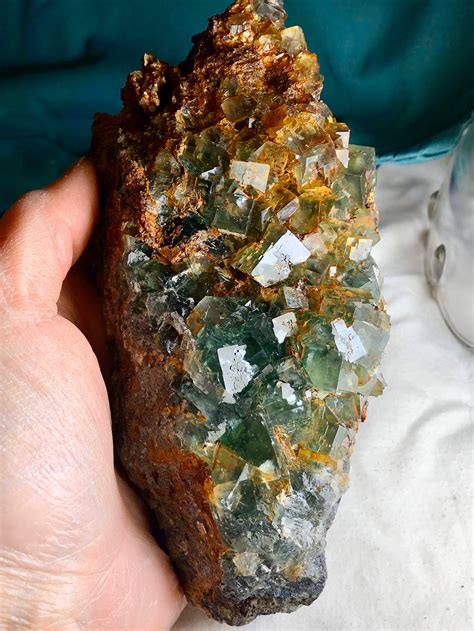 698g Emerald Green Cubic Fluorite Crystal Cluster Specimen With Orange