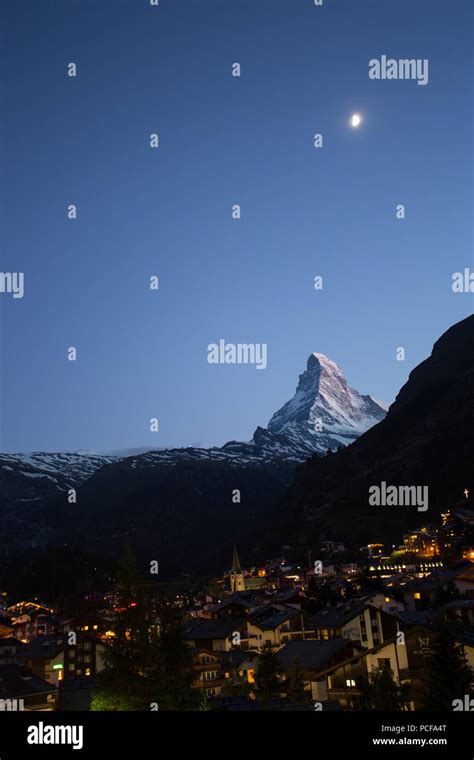 The Matterhorn Zermatt Switzerland Lit By The Moon Stock Photo Alamy
