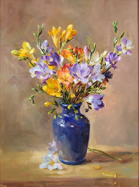 Flower vase, oil tubes on canvas, 2013. Still Life of Freesias in a Blue Vase by Anne Cotterill ...