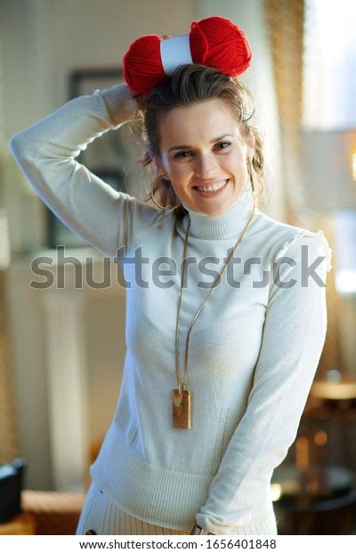 Portrait Smiling Trendy Woman White Sweater Stock Photo 1656401848