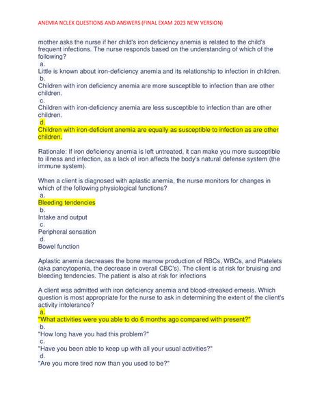 ANEMIA NCLEX QUESTIONS AND ANSWERS (FINAL EXAM 2023 NEW VERSION | Exams