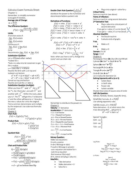 Calculus Exam Formula Sheet Warning Tt Undefined Function 32