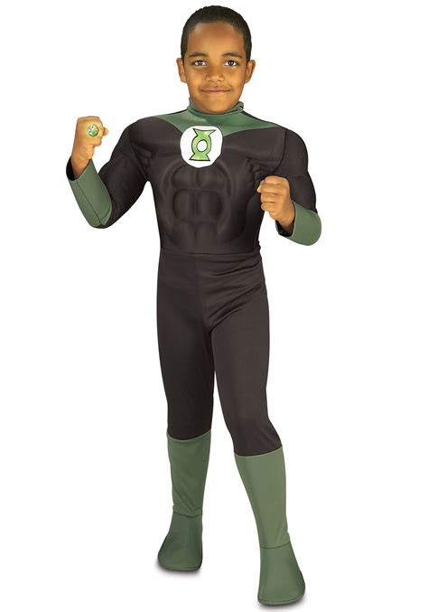 Complete costume package includes muscle chest jumpsuit with attached boot tops and eye mask. Kids Green Lantern Costume