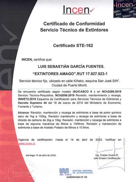 Certificaciones Extintores Amago Mantención Y Recarga De Extintores