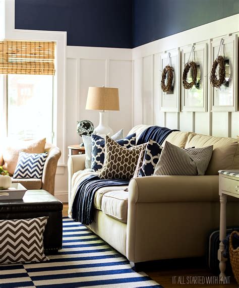 To add interest to a blue and grey living room, consider a pop of colour from a statement occasional chair. Fall Decor in Navy and Blue