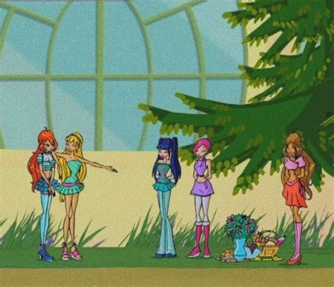 Several Cartoon Characters Standing In Front Of A Tree