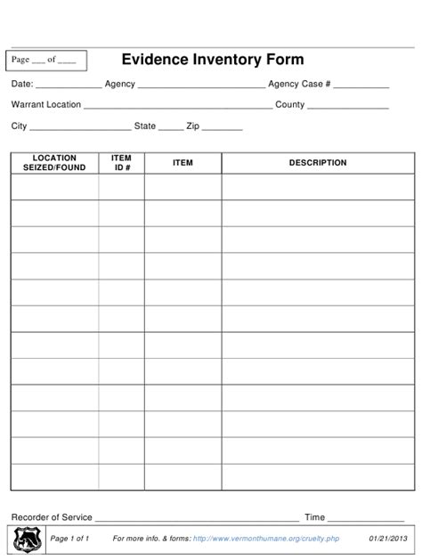 Evidence Inventory Form Download Printable Pdf