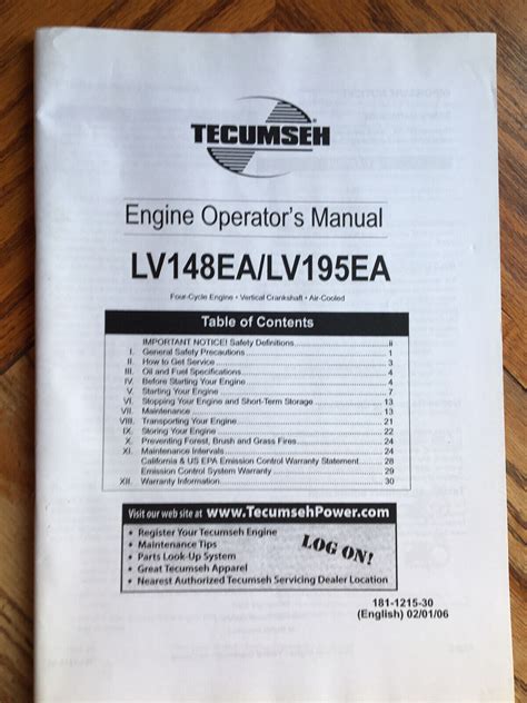Tecumseh Engine Operators Manual Lv148ea Lv195ea Four Cycle Vertical