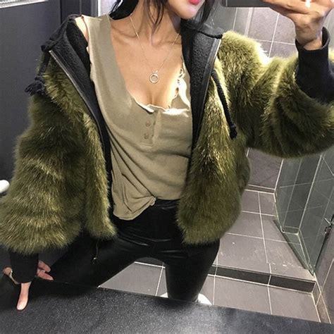 stylish army green faux fox fur long hairy shaggy long sleeve jackets outwear women loose thick