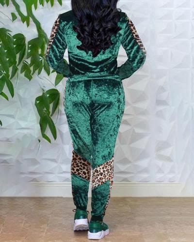 Velvet Leopard Stitching Two Piece Suit Two Piece Pants Set Affordable Womens Clothing New