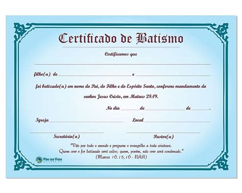 Certificado De Batismo 5 Unidades Loja Virtual Livraria O Pão Da