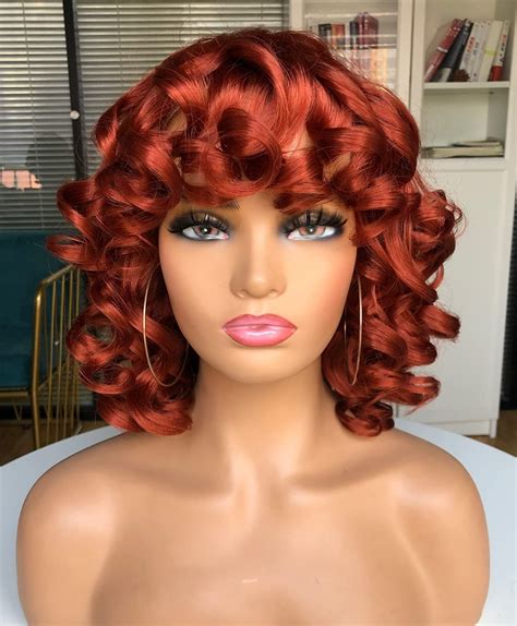 Annivia Short Curly Wig For Black Women With Bangs Big Bouncy Fluffy Kinky Curly Wig Orange