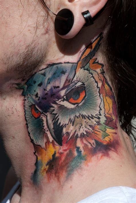 Owl Neck Tattoo By Matyas Halasz Halasz Matyas Neck Owl Tattoo