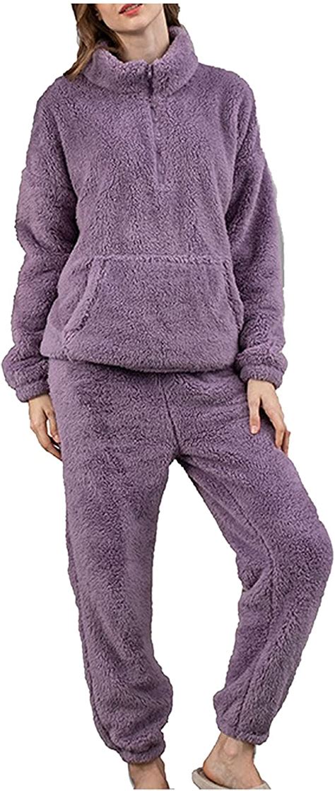 Vwrxbz Womens 2 Piece Fleece Pajama Sets Super Soft Warm Long Sleeve Top With Pants