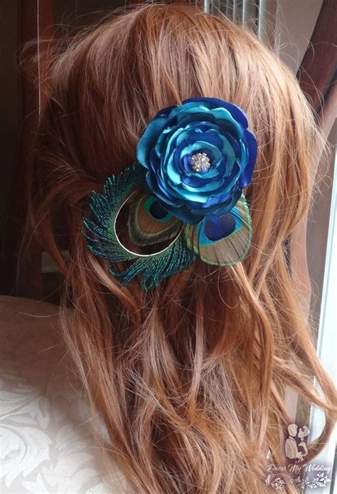 dress my wedding peacock feather hair clip teal king blue turquoise satin flower with