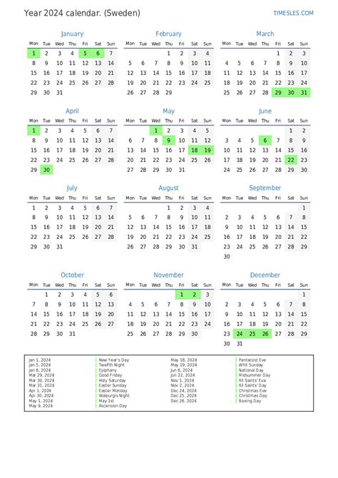 Calendar For 2024 With Holidays In Sweden Print And Download Calendar
