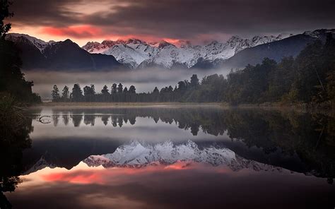 New Zealand Milford Sound Rock Lake Mountains Sunset Clouds