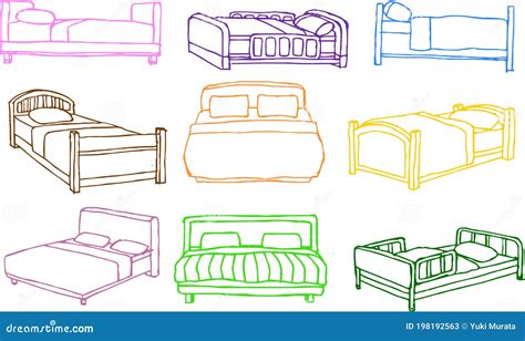 Colorful Rough Sketch Of Handwritten Bed Outline Set Stock Vector