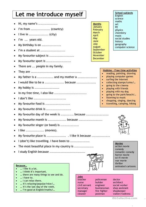 Self Introduction Printable English Worksheets For Beginners Adults