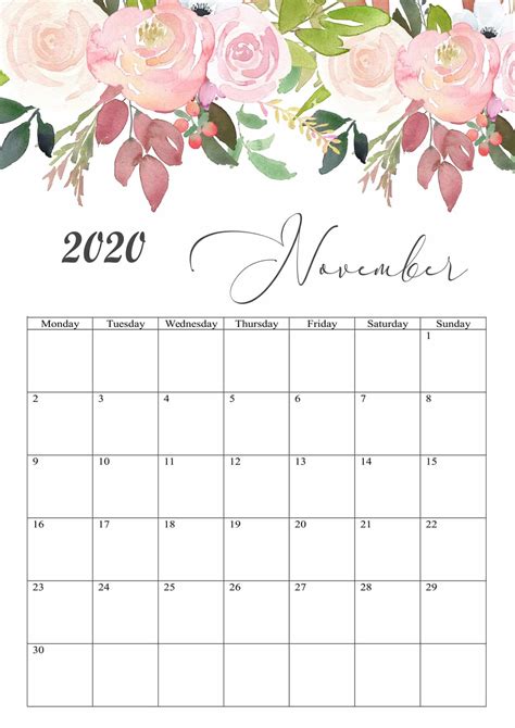Decorative November 2020 Floral Calendar Cute Calendar Printables