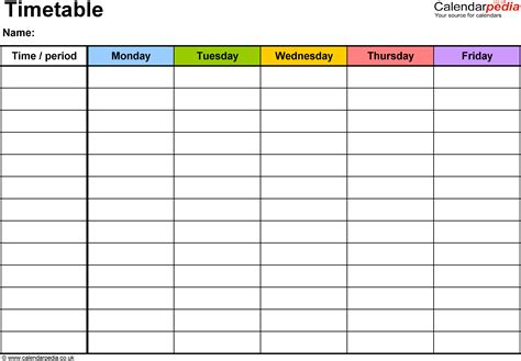 Pdf Timetable Template 2 Landscape Format A4 1 Page Monday To