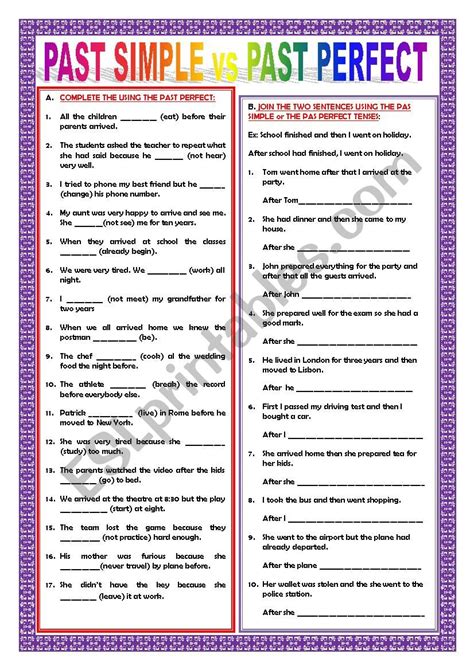 Past Perfect Simple Vs Past Simple Exercises Esl Worksheet By
