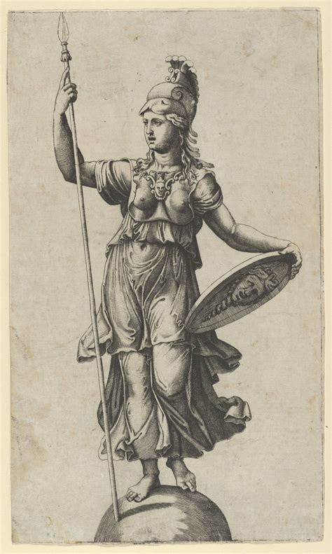 Pallas Athena Standing On A Globe A Spear In Her Left Hand A Shield In Her Right Marcantonio